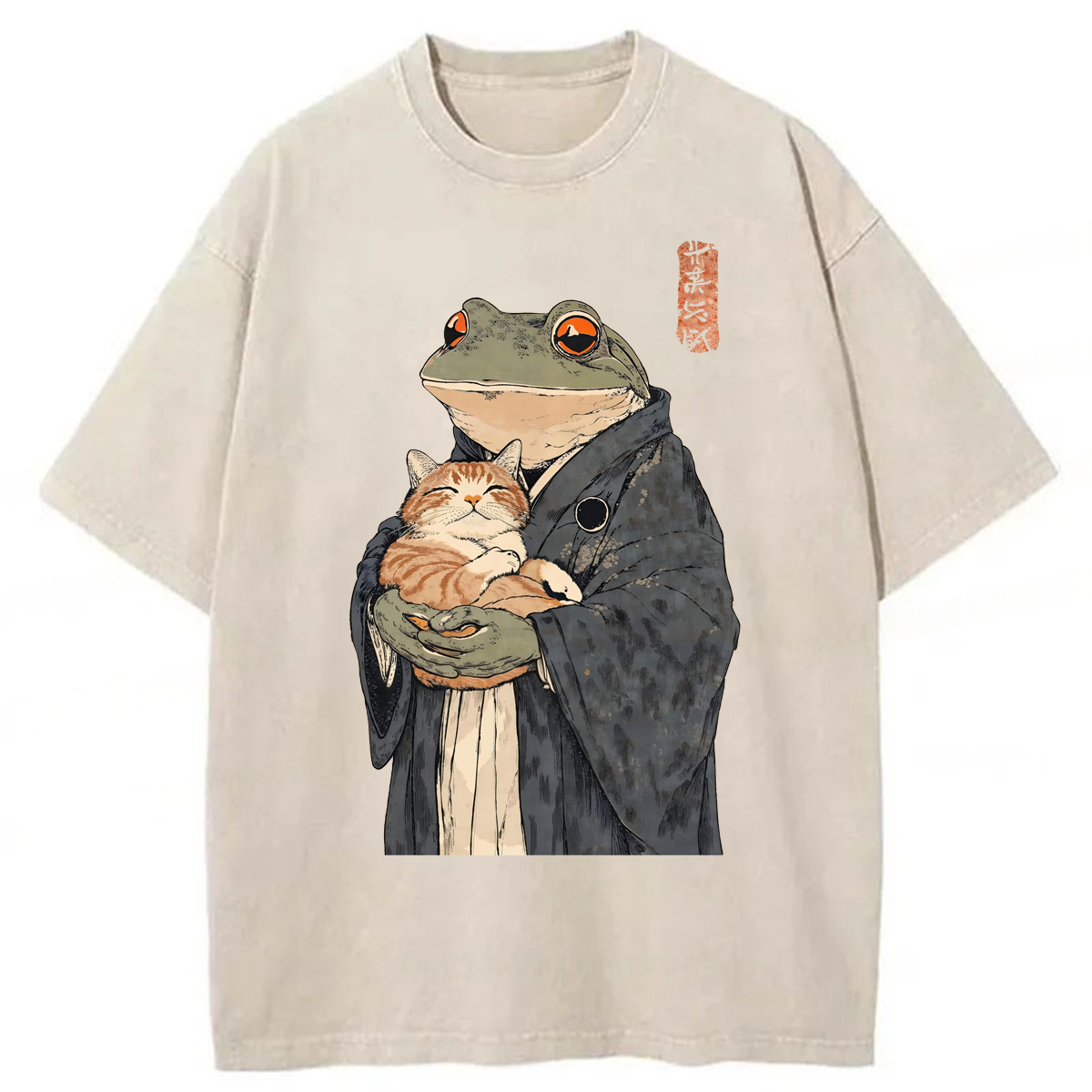Tokyoviva Frog Holding Cat Washed T-shirt