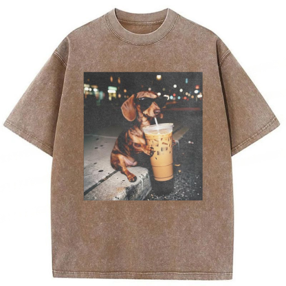 Tokyoviva Dachshund Coffee Graphic Washed T-shirt