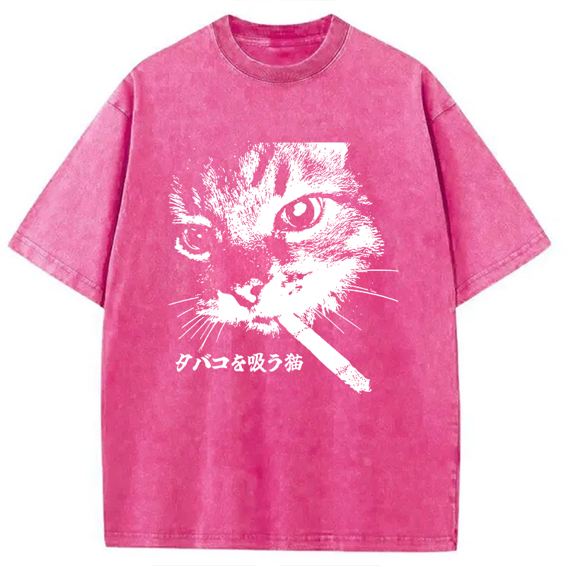Retro Cat Smoking Washed T-Shirt