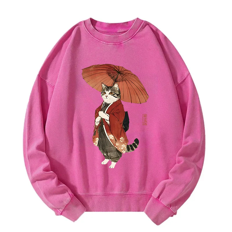 Elegant Cat Holding Umbrella Washed Sweatshirt