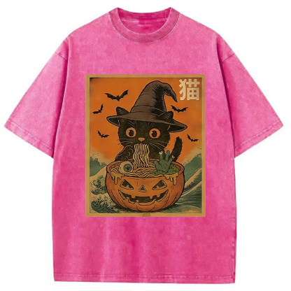 Halloween Cat Eating Ramen Washed T-Shirt