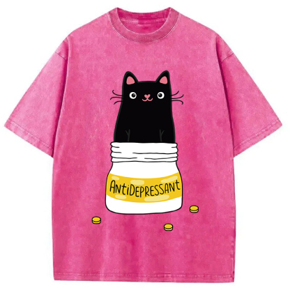Cute Cat Antidepressant Funny Meme Washed T-Shirt