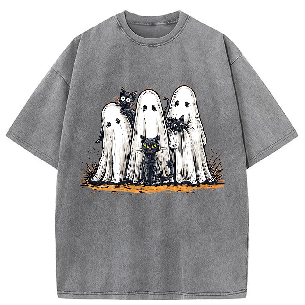 Black Cat Ghost Halloween Washed T-Shirt
