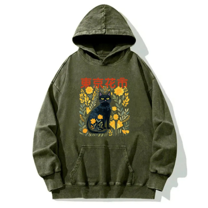 Black Cat In Flower Garden Washed Hoodie