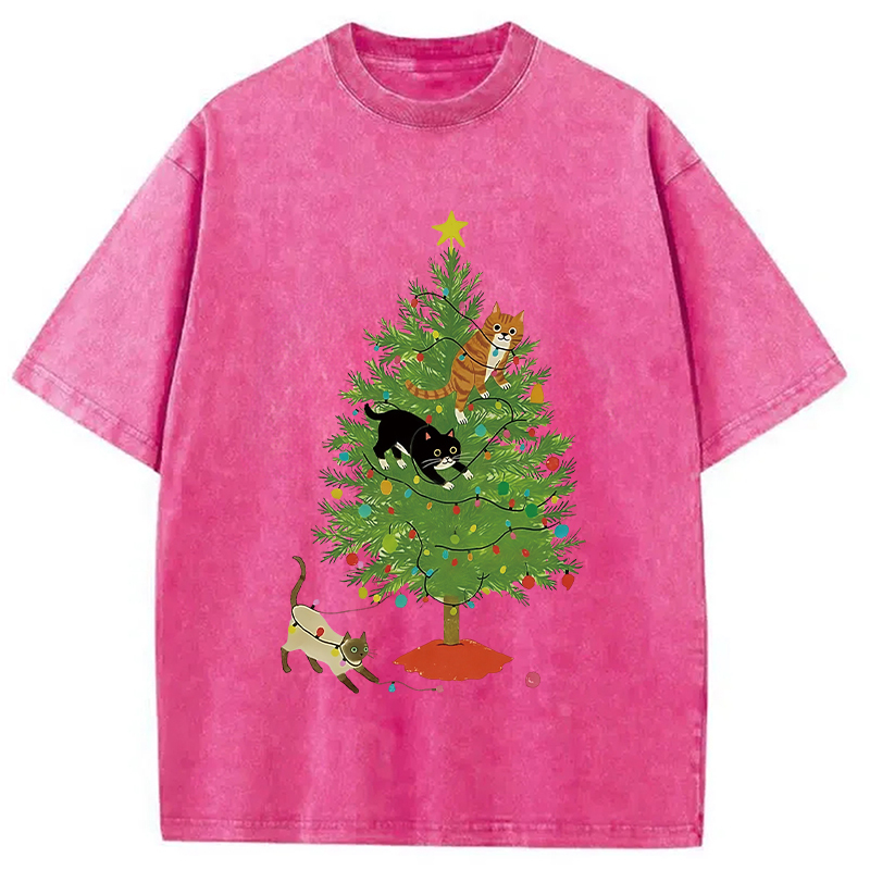 Cats Playing On The Christmas Tree Washed T-Shirt
