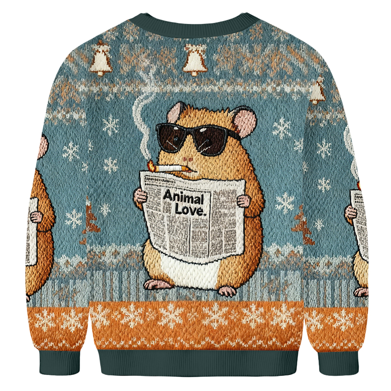 Baddiecat Hamster Reading Newspaper And Smoking Christmas Ugly Sweatshirt
