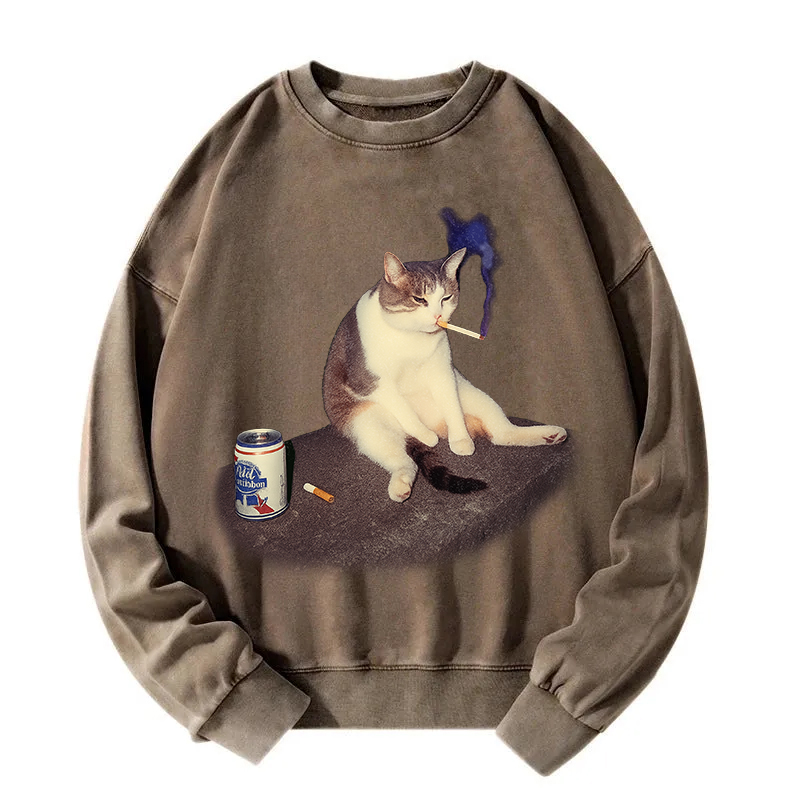 Custom Cat Smoking Meme Washed Sweatshirt