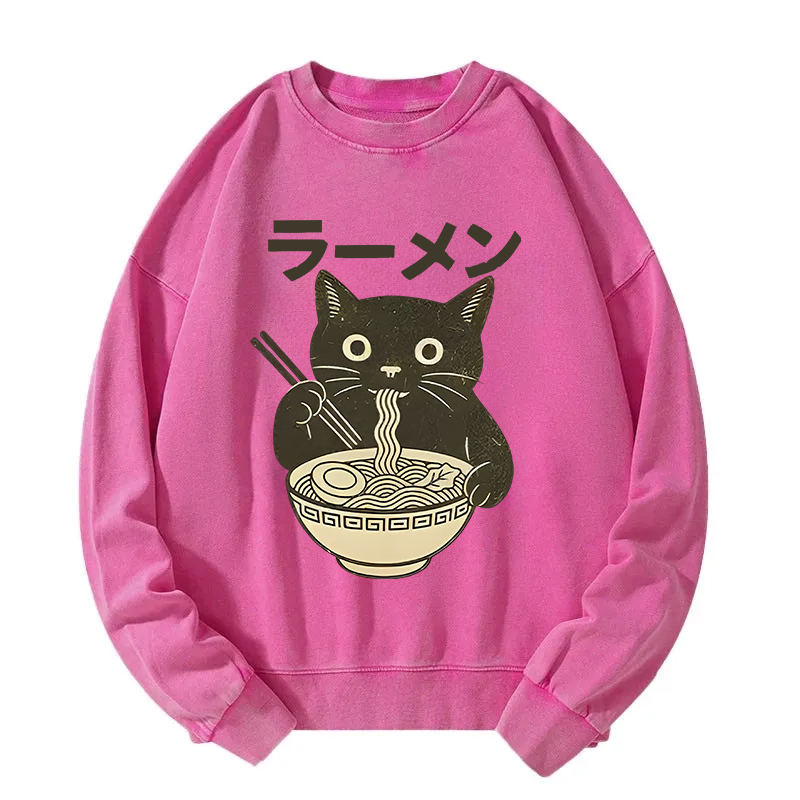 Simple Black Cat Eating Ramen Washed Sweatshirt