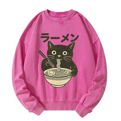 Simple Black Cat Eating Ramen Washed Sweatshirt