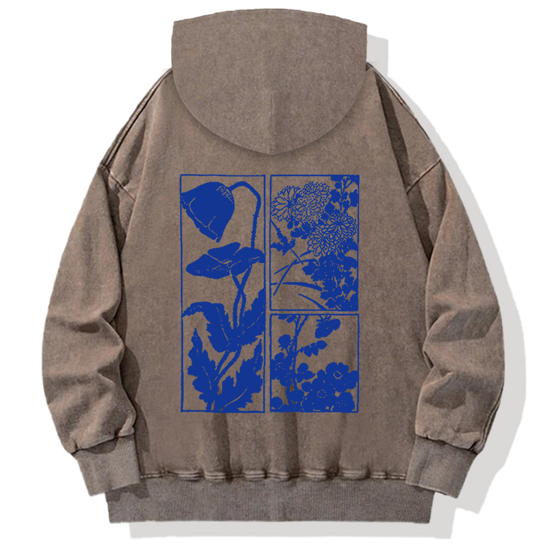 Woodcut Flowers Back Washed Hoodie