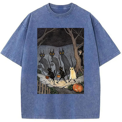 Black Cat Ghost Halloween Washed T-Shirt