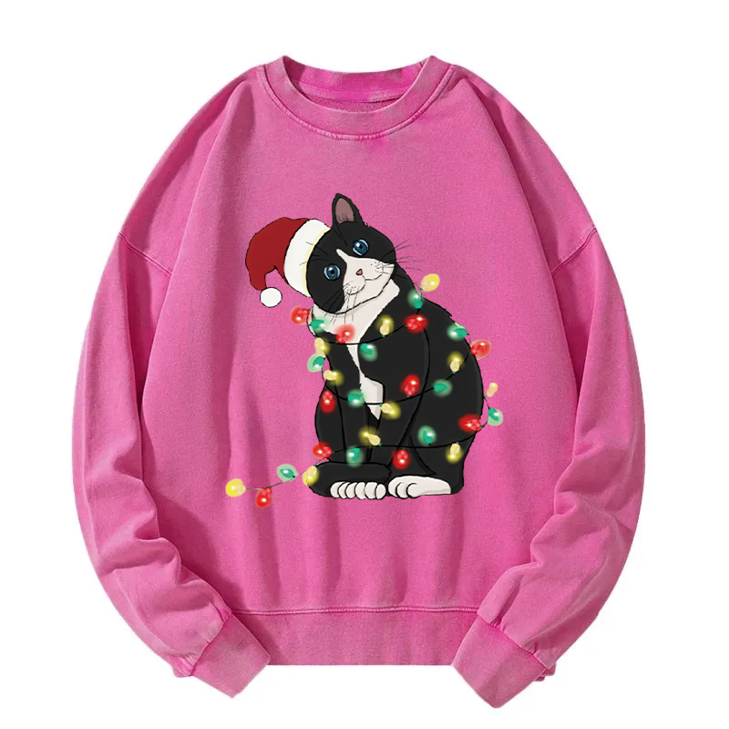 Funny Christmas Lights Cat Washed Sweatshirt