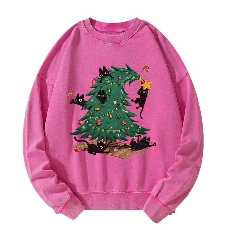 Christmas Tree And Cat Washed Sweatshirt