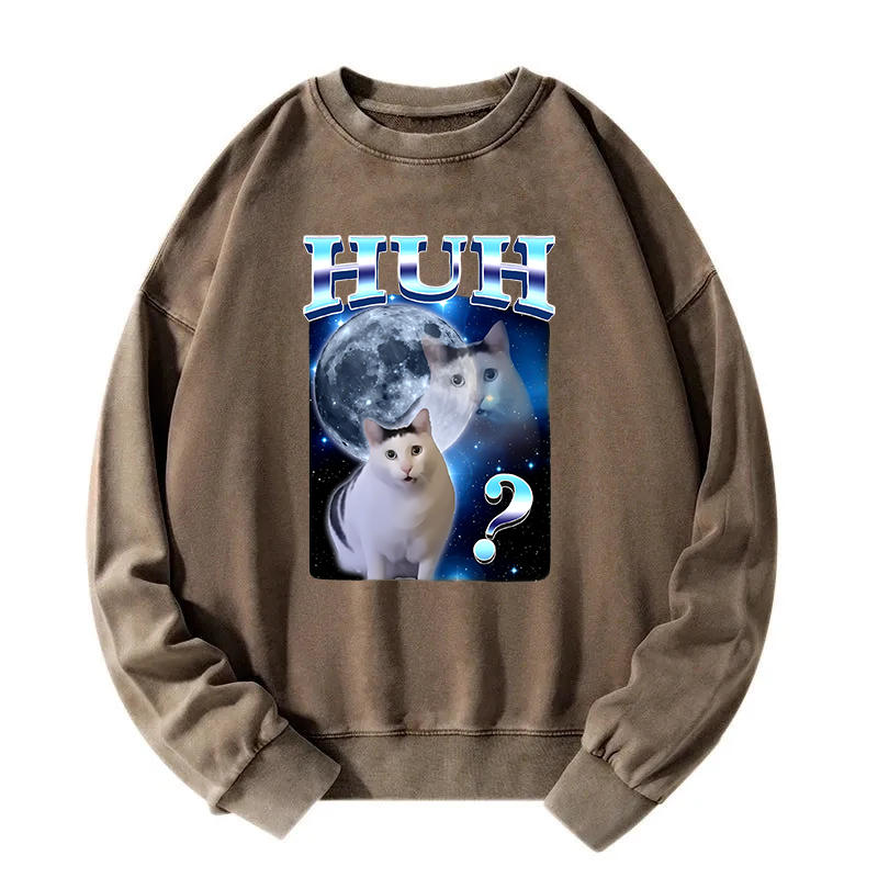 Huh Cat Funny Dank Meme Moon Washed Sweatshirt