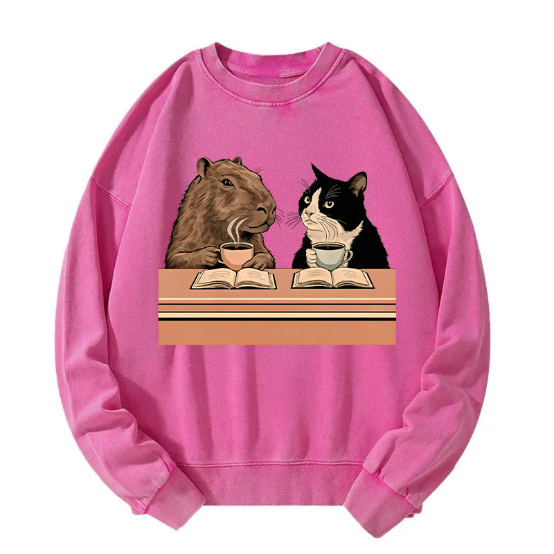 Capybara And Cat Talk Washed Sweatshirt