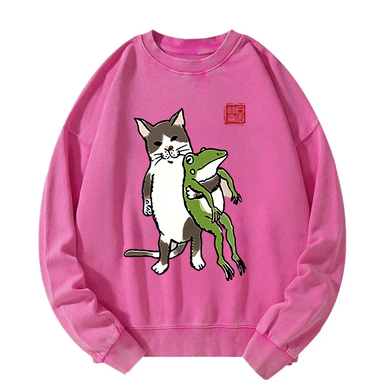 Cat Holding A Frog Washed Sweatshirt