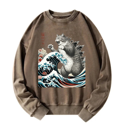 Godzilla Ukiyoe Great Wave Vintage Japanese Design Washed Sweatshirt