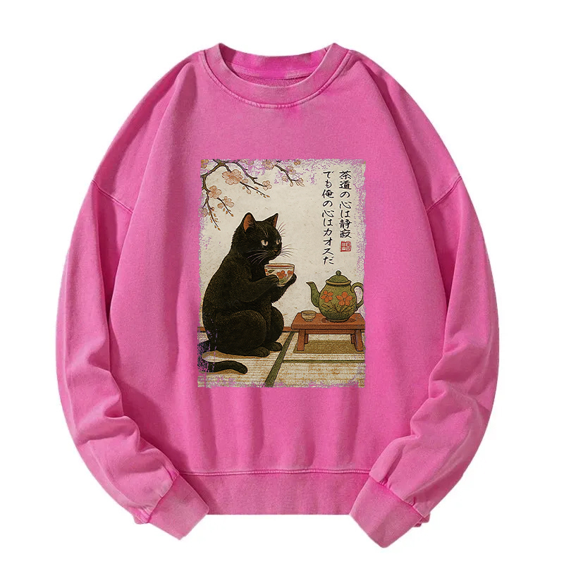 Tea Time With A Black Cat Washed Sweatshirt