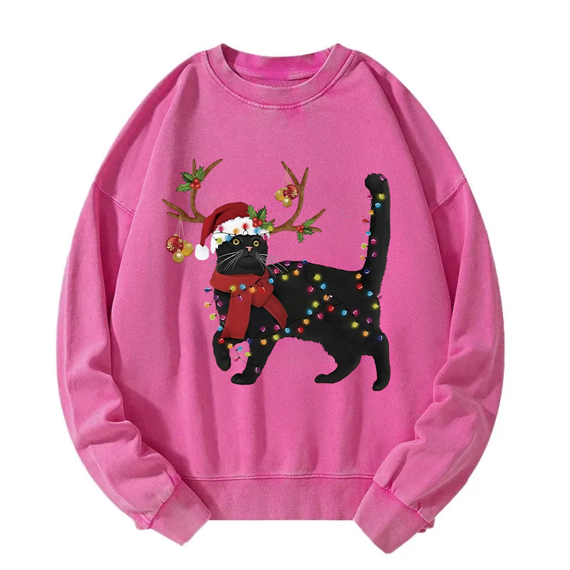 Christmas Elk Cat Washed Sweatshirt