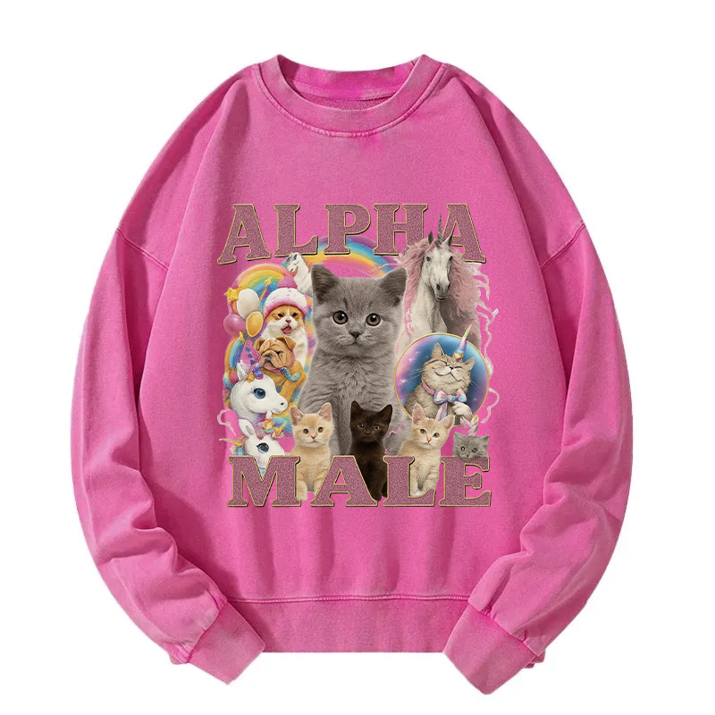 Alpha Male Funny Cat Meme Washed Sweatshirt