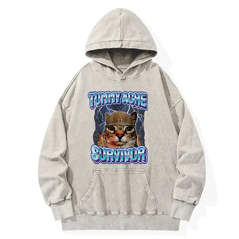 Tummy Ache Survivor Cat Meme Washed Hoodie