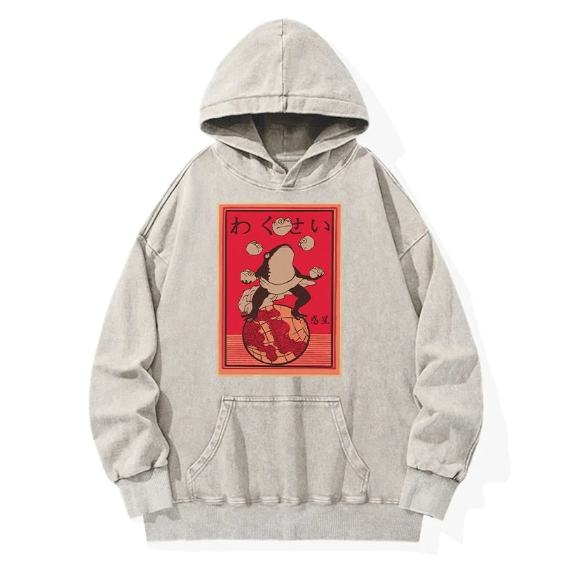 Wakusei Frog Funny Washed Hoodie