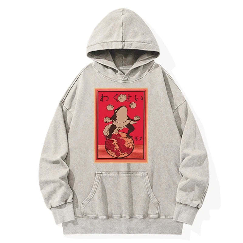 Wakusei Frog Funny Washed Hoodie