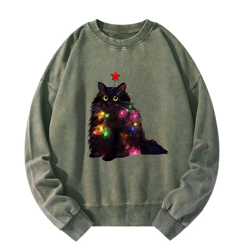 Christmas Lights Cat Washed Sweatshirt