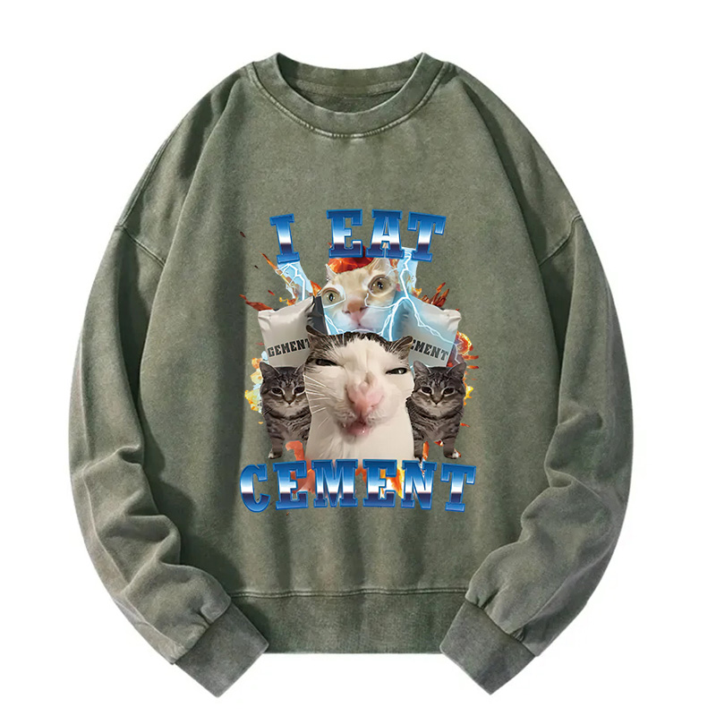 I Eat Cement Funny Cat Meme Washed Sweatshirt