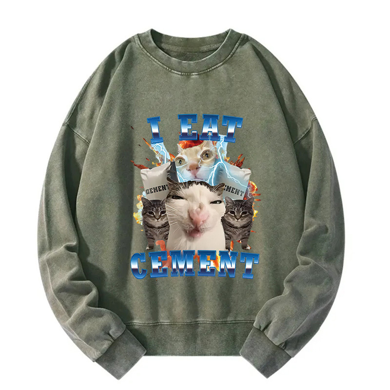 I Eat Cement Funny Cat Meme Washed Sweatshirt