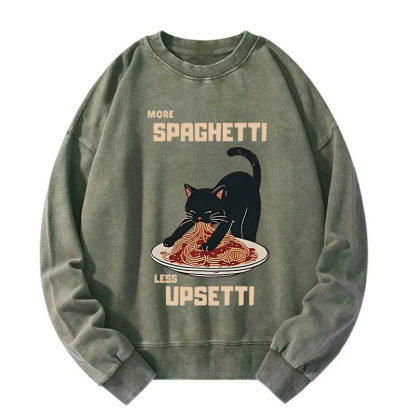Cat Eating Spaghetti Funny Washed Sweatshirt
