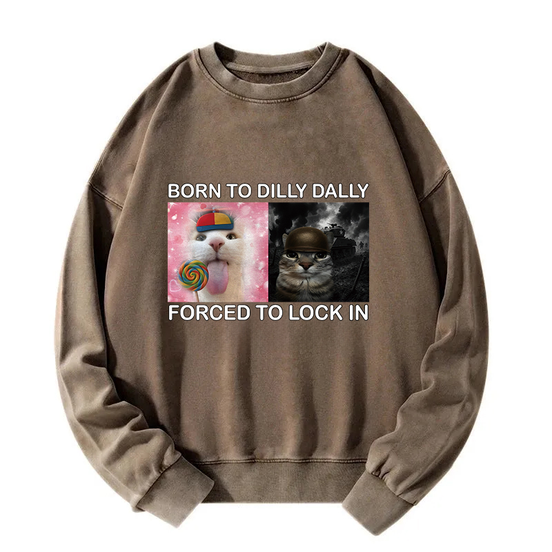 Born to Dilly Dally Funny Cat Meme Washed Sweatshirt