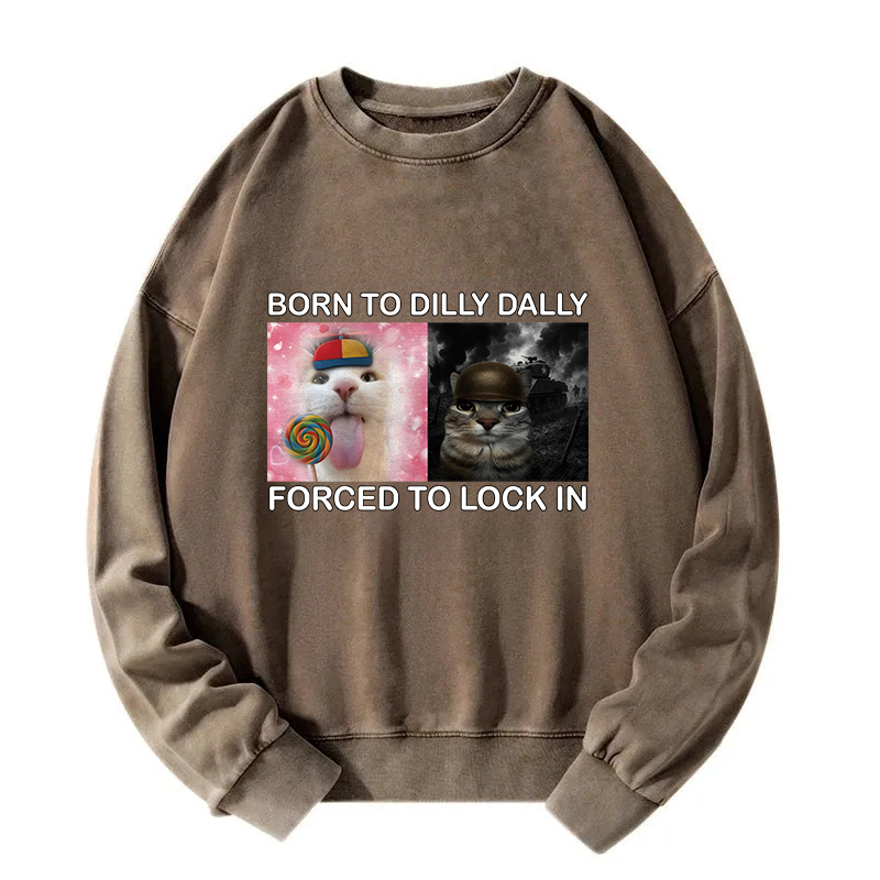 Born to Dilly Dally Funny Cat Meme Washed Sweatshirt