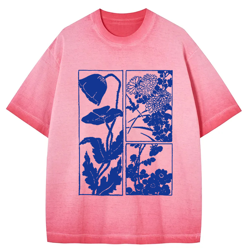 Woodcut Flowers Gradient Washed T-Shirt