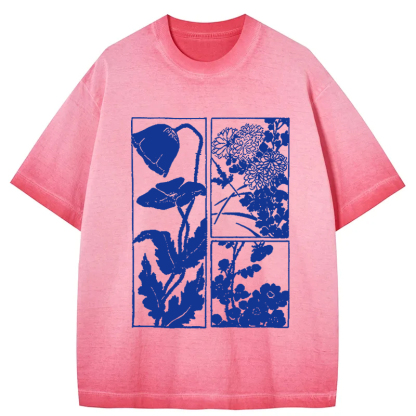 Woodcut Flowers Gradient Washed T-Shirt