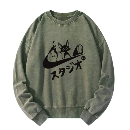 Black Cat Ghibli Vintage Washed Sweatshirt