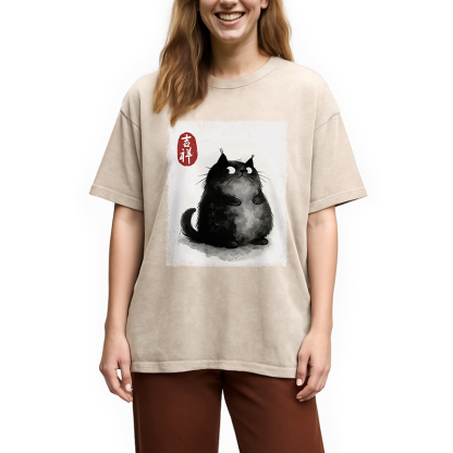 Auspicious Fluffy Black Cat Washed T-Shirt