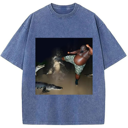 Man Kick Alligator In Swamp Funny Washed T-Shirt
