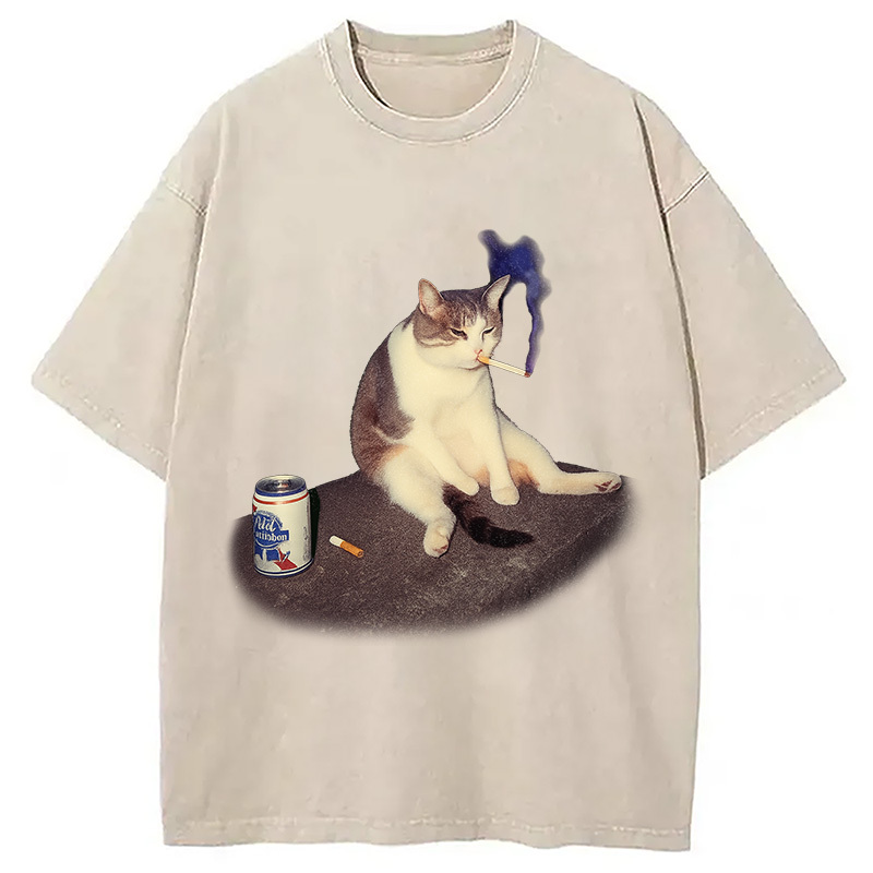 Custom Cat Smoking Meme Washed T-Shirt