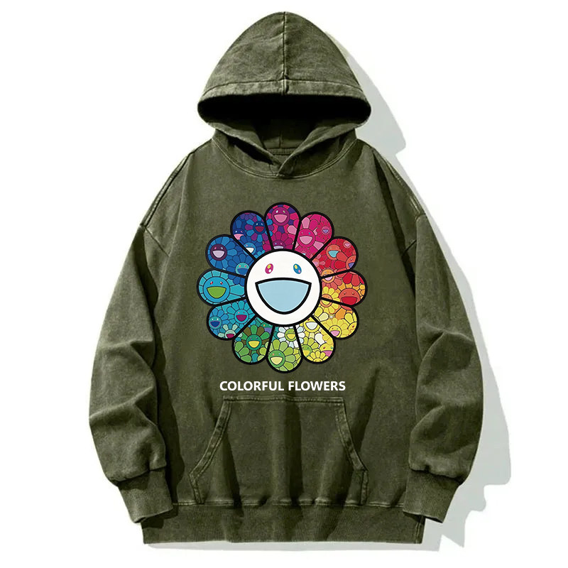Smiling Flower Japanese Art Washed Hoodie