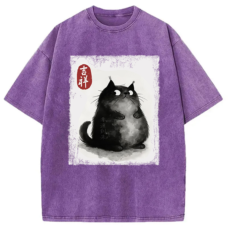Auspicious Fluffy Black Cat Washed T-Shirt