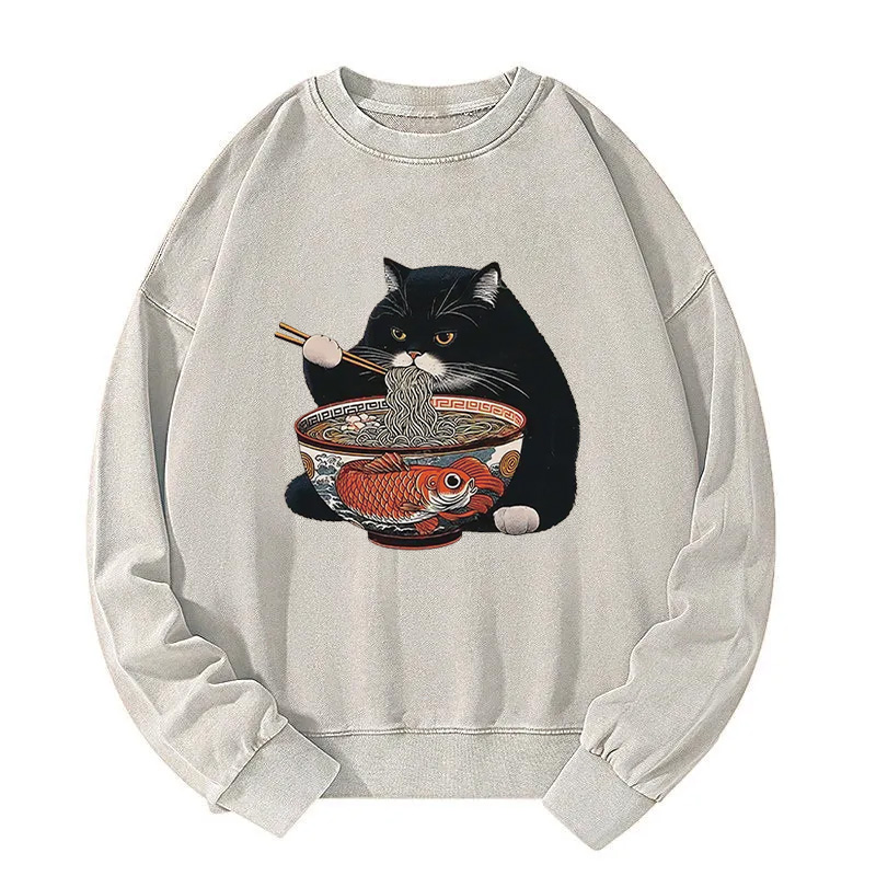 Fat Cat Eating Ramen Washed Sweatshirt