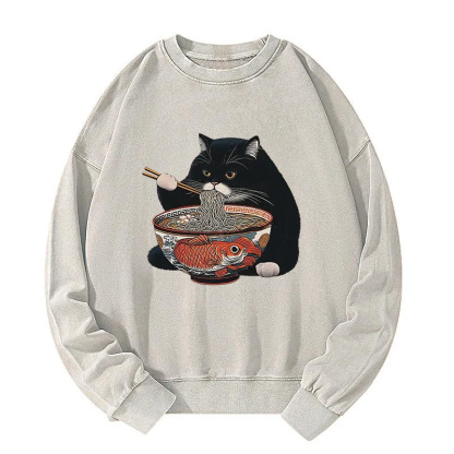 Fat Cat Eating Ramen Washed Sweatshirt