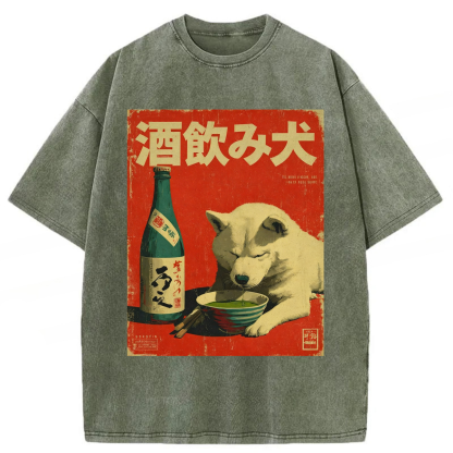 Tokyoviva Retro Drinking Dog Washed T-shirt