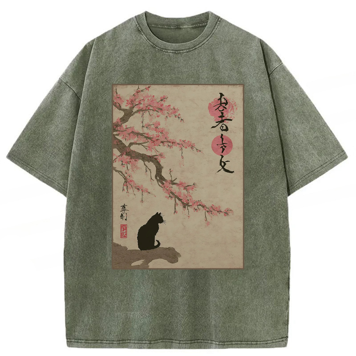 Tokyoviva Japanese Cat And Cherry Blossom Washed T-shirt
