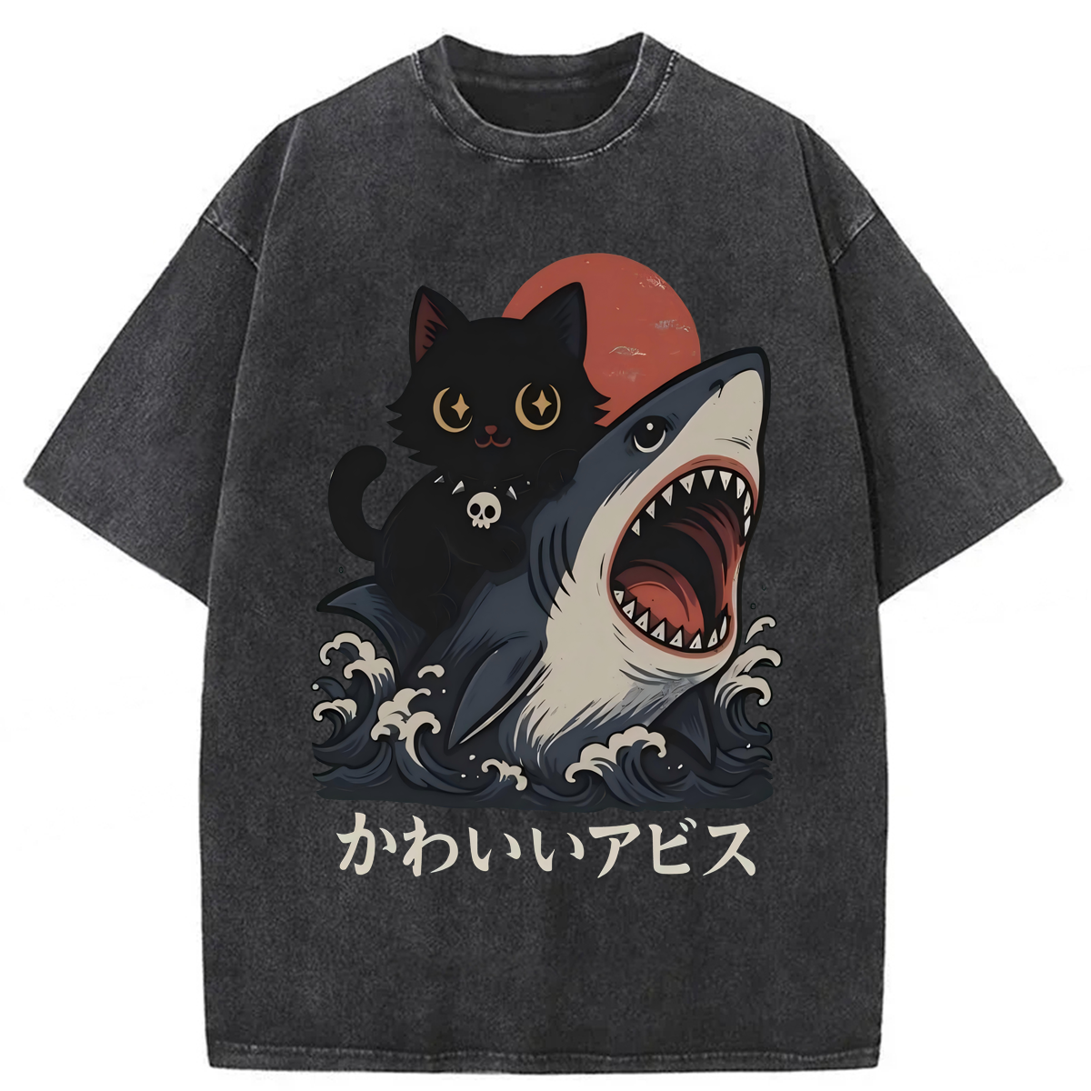 Tokyoviva Black Cat Riding Shark Washed T-shirt