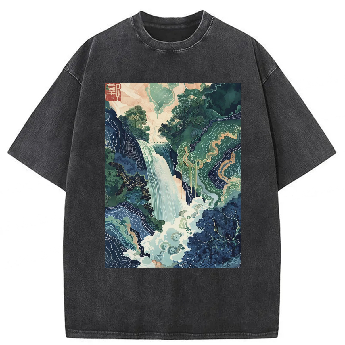 Tokyoviva Ukiyo-e Blue Green Waterfall Washed T-shirt