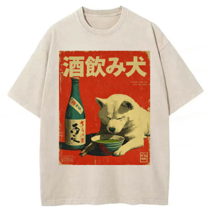 Tokyoviva Retro Drinking Dog Washed T-shirt