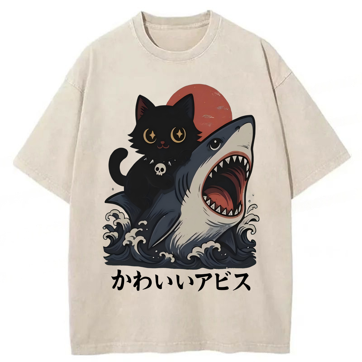 Tokyoviva Black Cat Riding Shark Washed T-shirt
