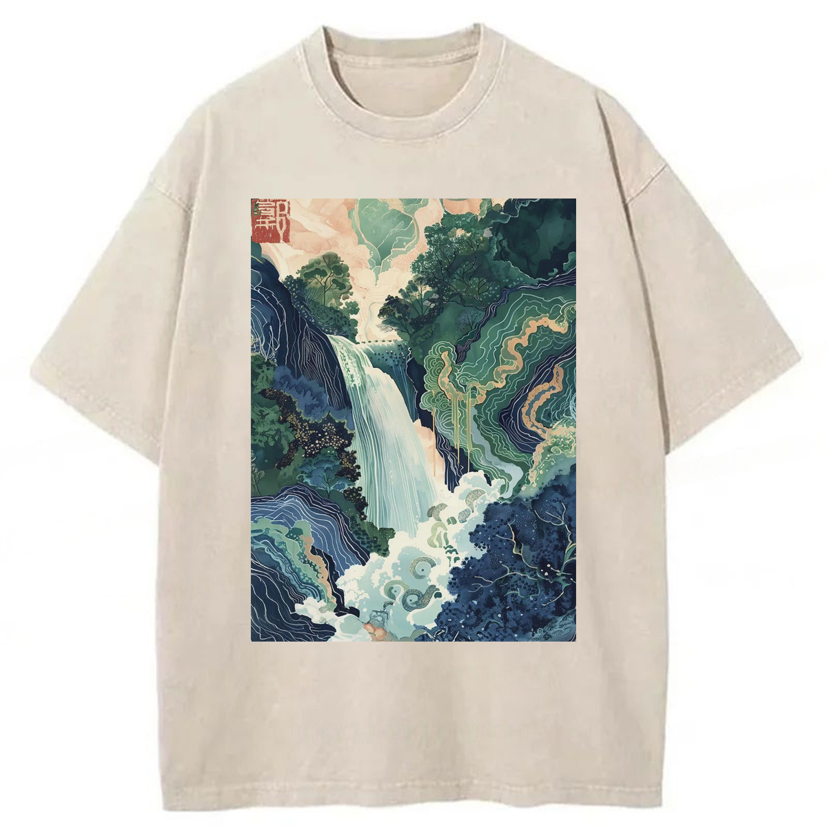 Tokyoviva Ukiyo-e Blue Green Waterfall Washed T-shirt